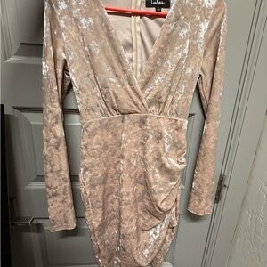 Lulu's Taupe Crushed Velvet Long-Sleeve Wrap Dress